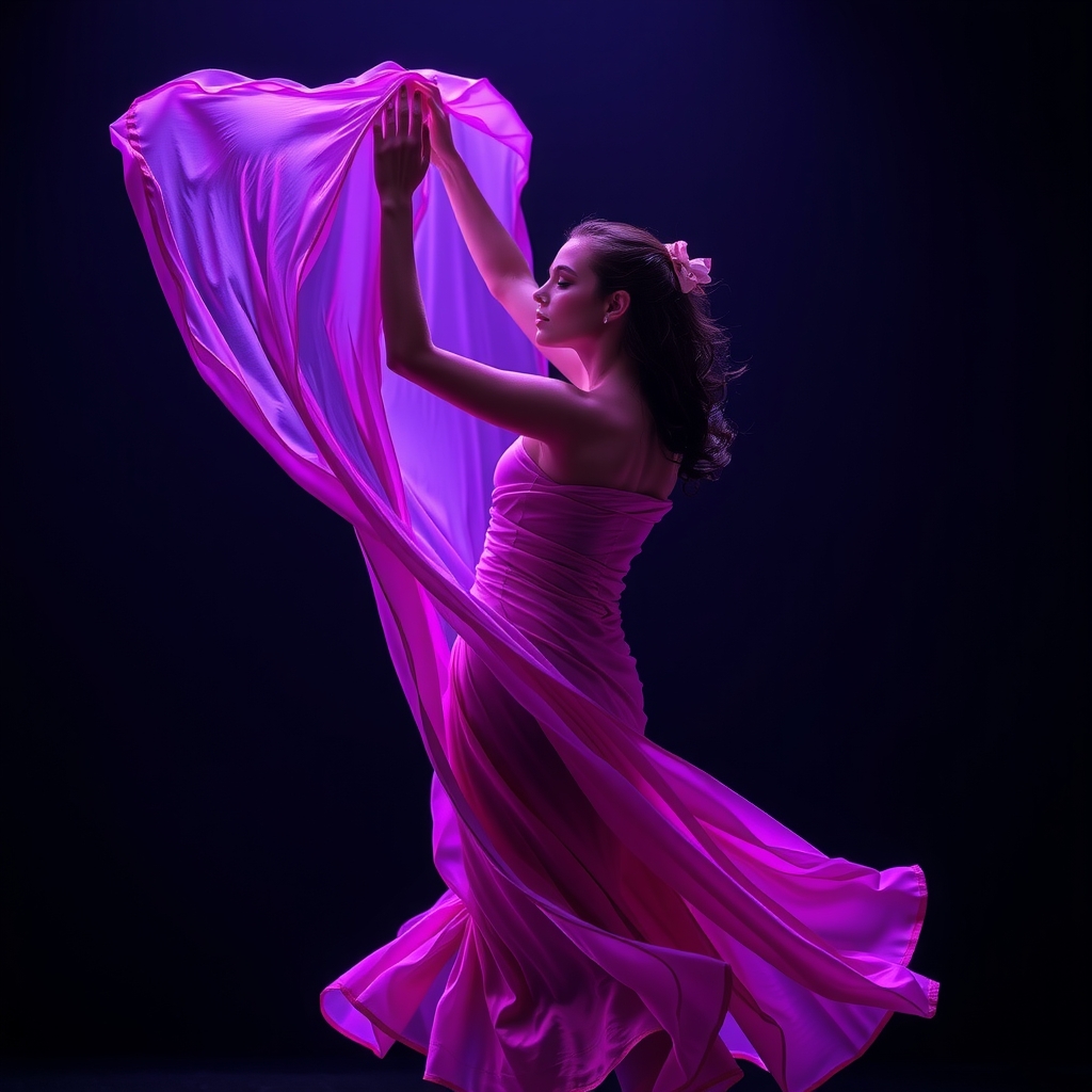 Dancer in flowing silk under stage lighting